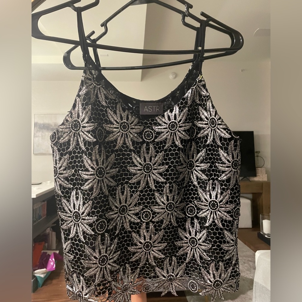 ASTR floral, Black and metallic silver lined camisole top, size small